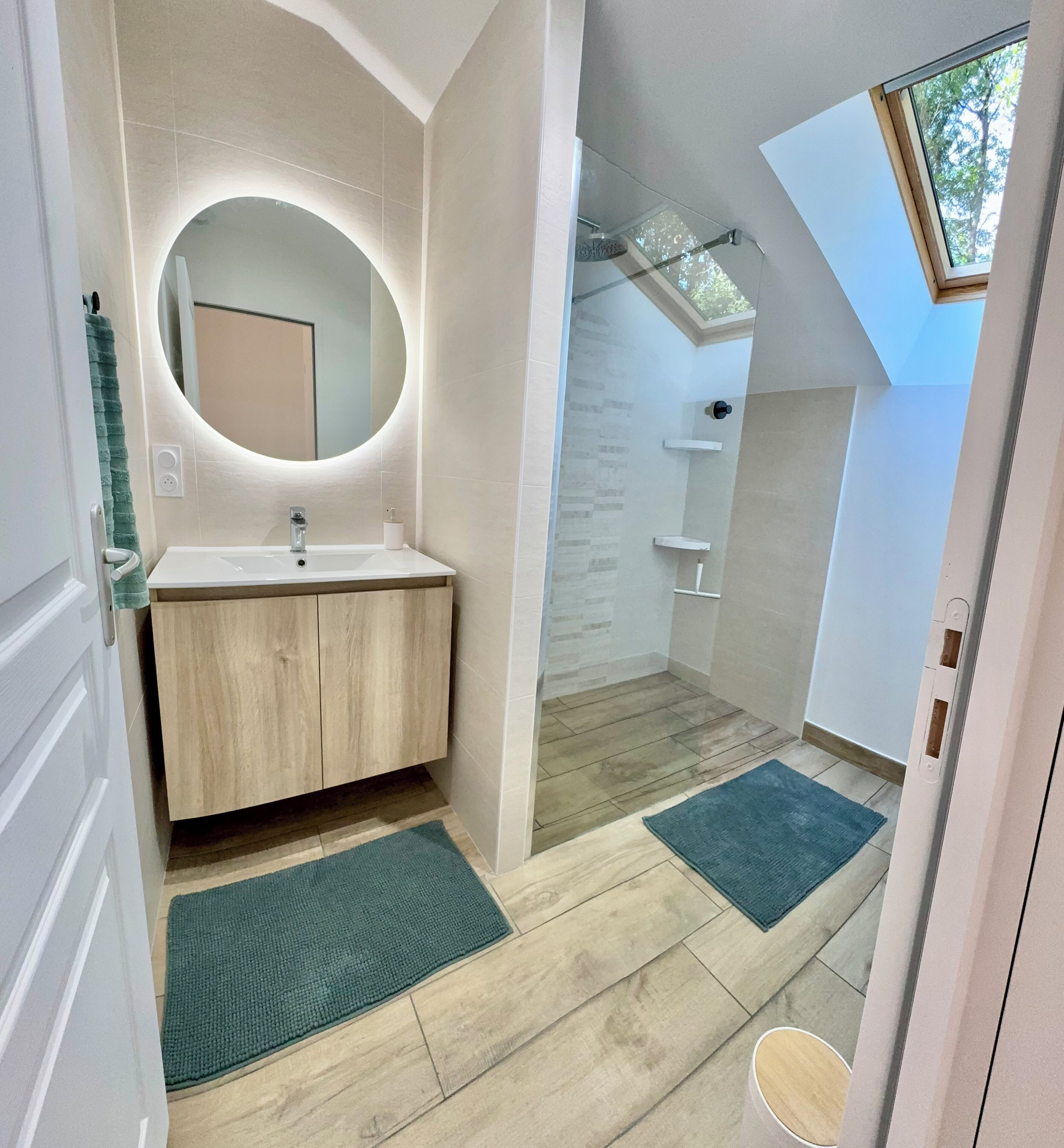 Shower, hair dryer, towels, toilet paper