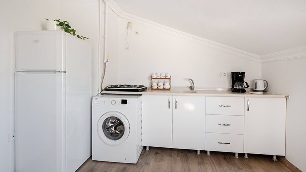 A compact kitchen with a washing machine, a coffee maker, and a small plant on the counter. - City Loft Retreat Near Taksim Square (Istanbul)