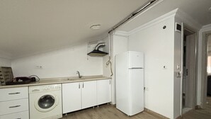 Cocina compacta con lavadora, un lavamanos y refrigerador.