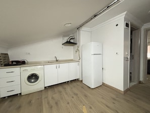 A compact kitchen with a washing machine, a sink, and a refrigerator. - Stylish Loft In The Heart of Taksim! (Istanbul)