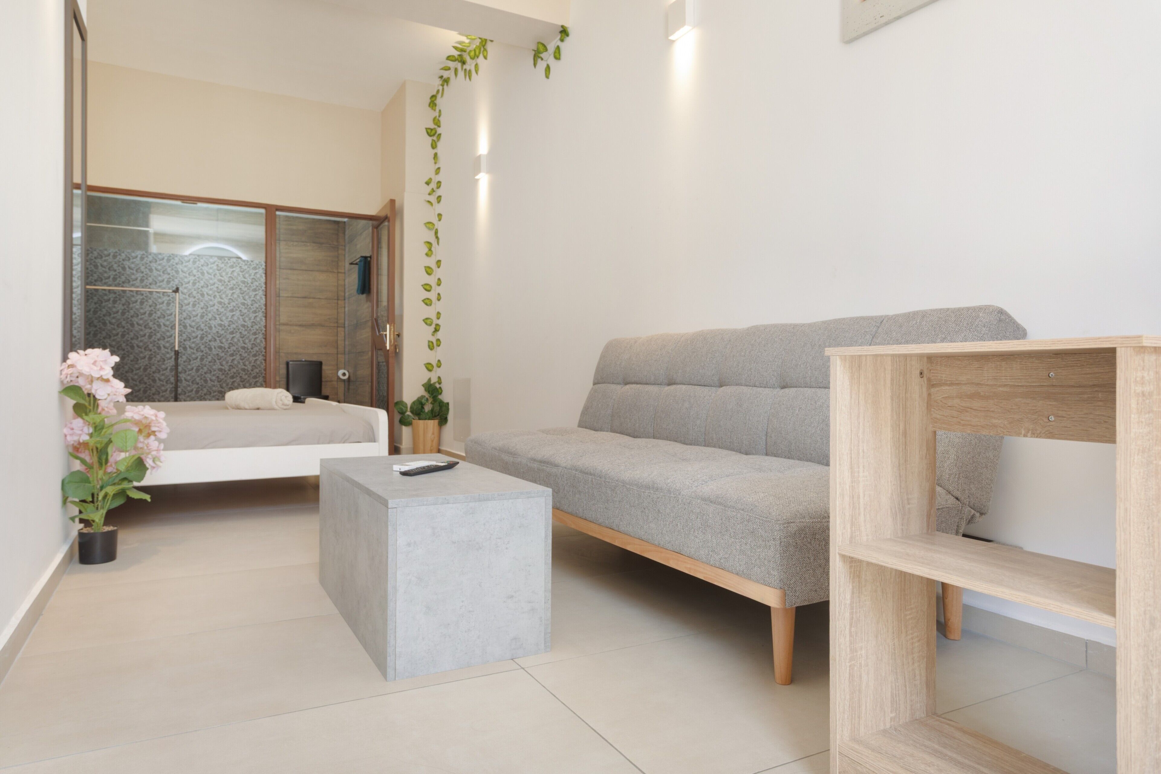 Una sala de estar moderna con un sofá gris, una mesita de centro pequeña, una mesita auxiliar de madera y una planta en maceta.