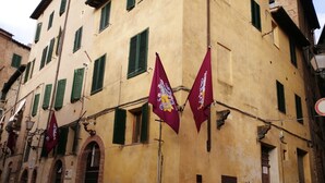 Ein Gebäude mit mehreren Fenstern und Türen, einige mit grünen Fensterläden, und zwei Flaggen, die außen hängen.