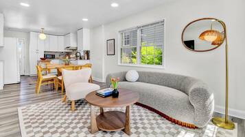 Smart TV, fireplace, books