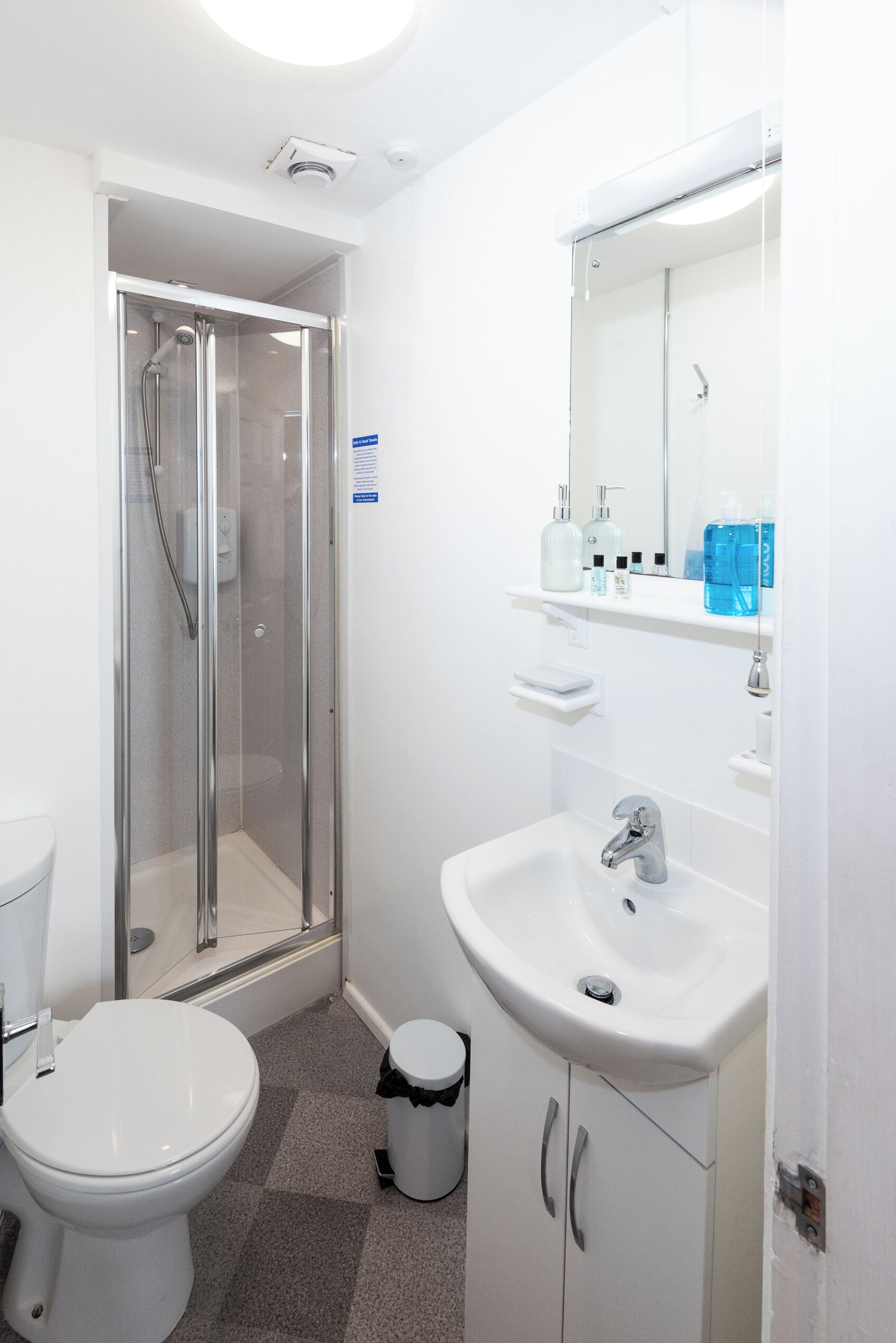 Shower, towels, toilet paper
