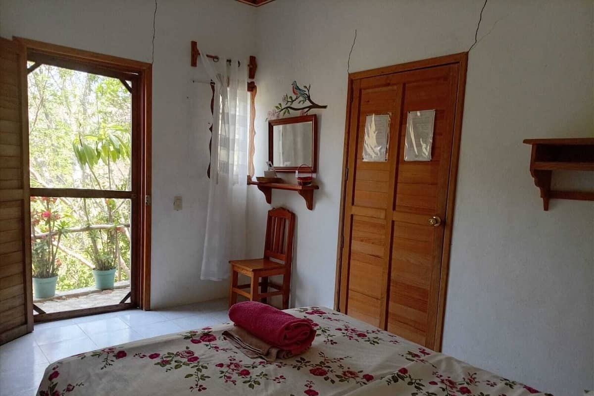 A bedroom with a bed, a chair, a wooden wardrobe, a mirror, and a window with plants.