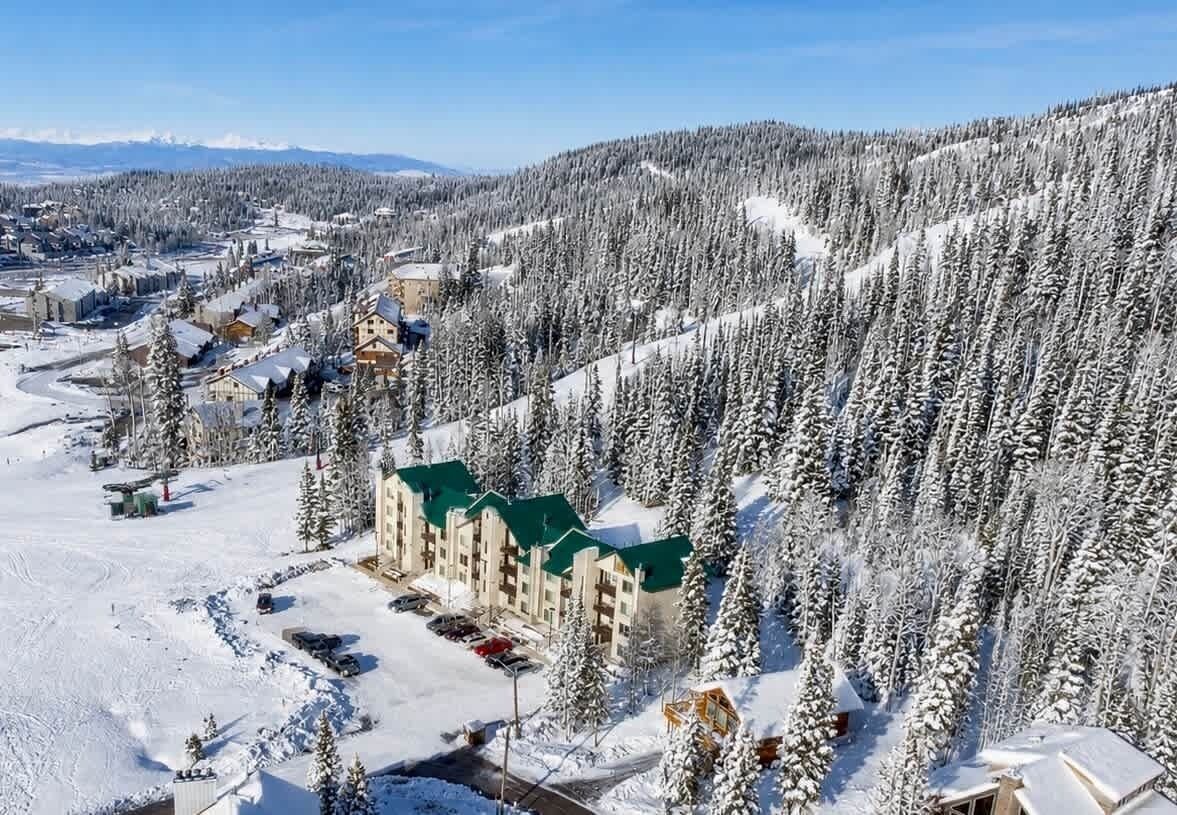 A snow-covered lodge with multiple buildings, surrounded by dense forest.
