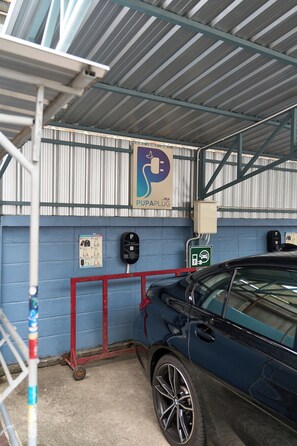 A parking garage with a blue wall, a sign for 'PUPAPLUG,' a parking meter, and a car parked in a bay.