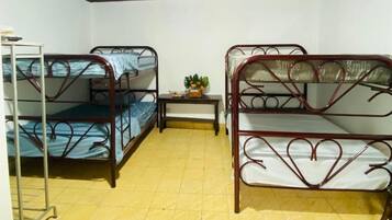 A room with two bunk beds, a small table with a plant, and a metal shelf unit.
