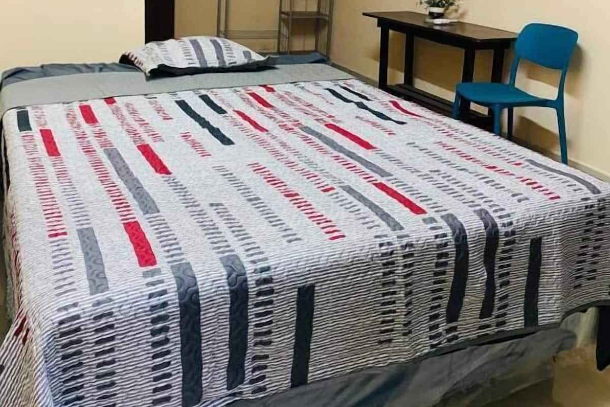 Una habitación con cama, escritorio, silla y una escalera apoyada en la pared.