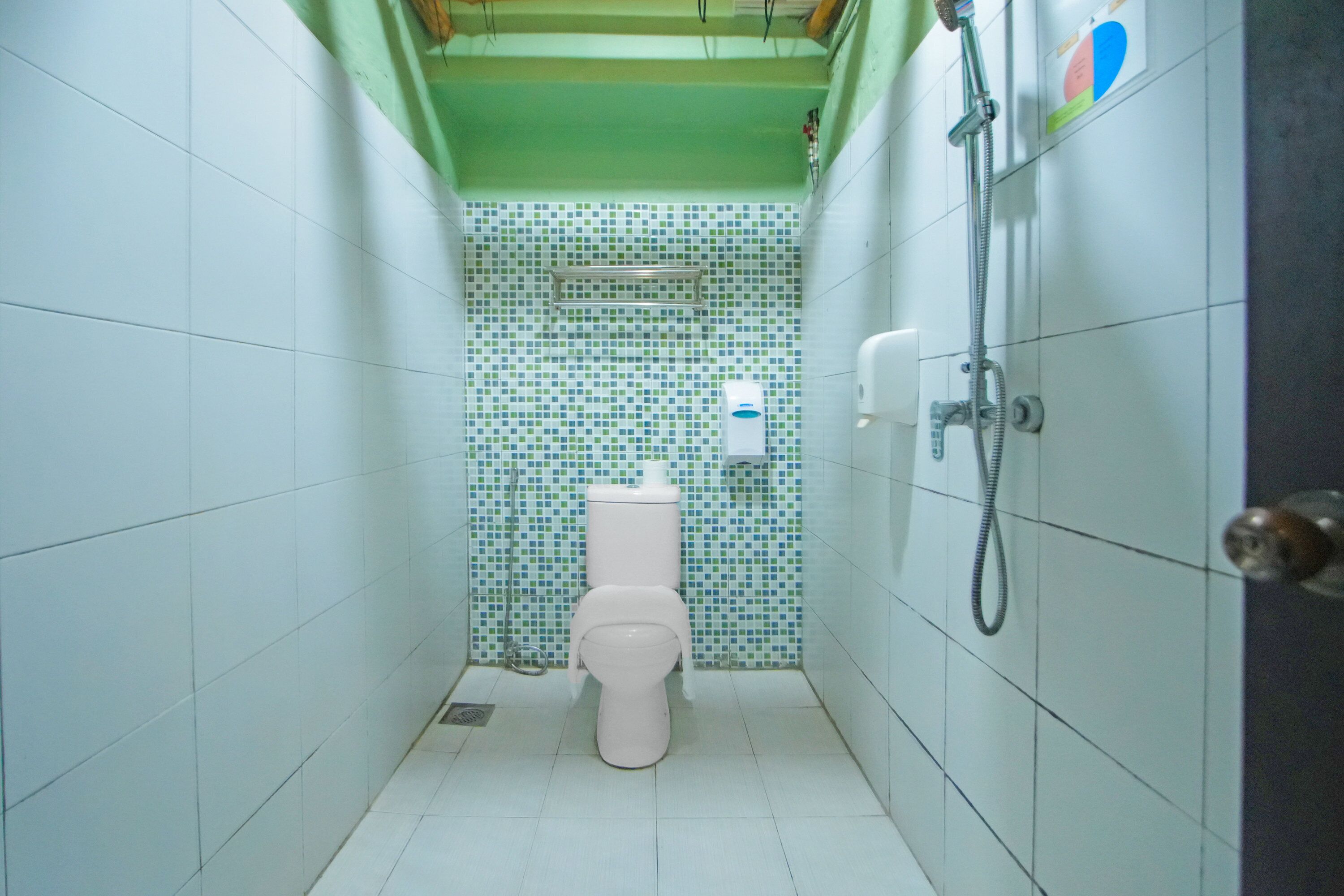 Et aflangt badeværelse med toilet, bruser og hårtørrer.