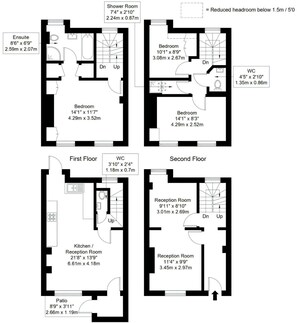 A hotel floor plan with three bedrooms, a shower room, a kitchen, and a patio. - Refined Pimlico Townhouse (London)
