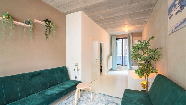 Ein Wohnzimmer mit einem grünen Sofa, einem kleinen Hocker und einer Pflanze auf einem Regal.