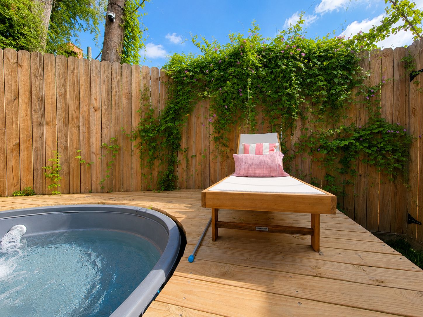 A hot tub with a wooden deck, a single bed with a pink pillow, and a wooden fence with greenery.