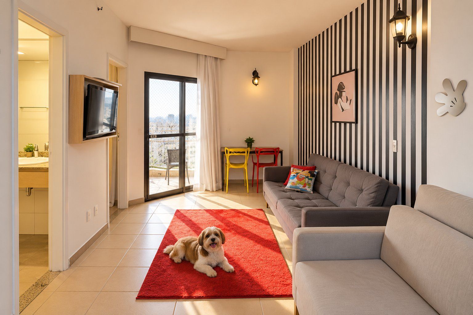 Una sala moderna con un sofá gris, un tapete rojo y un perro.