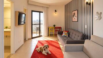 Una sala moderna con un sofá gris, un tapete rojo y un perro.