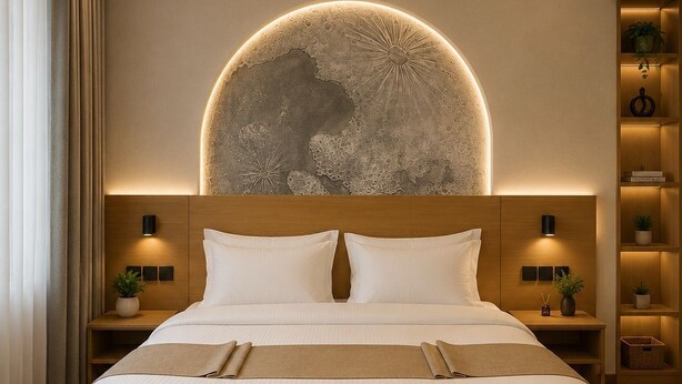 A modern bedroom with a large bed, wooden headboard, bedside tables, and a decorative wall piece. - Nomads cafe (Eldoret)