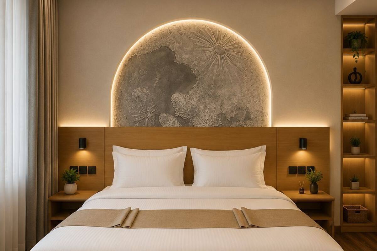 Un dormitorio moderno con una cama grande, cabecero de madera, mesitas de noche y un elemento decorativo en la pared.