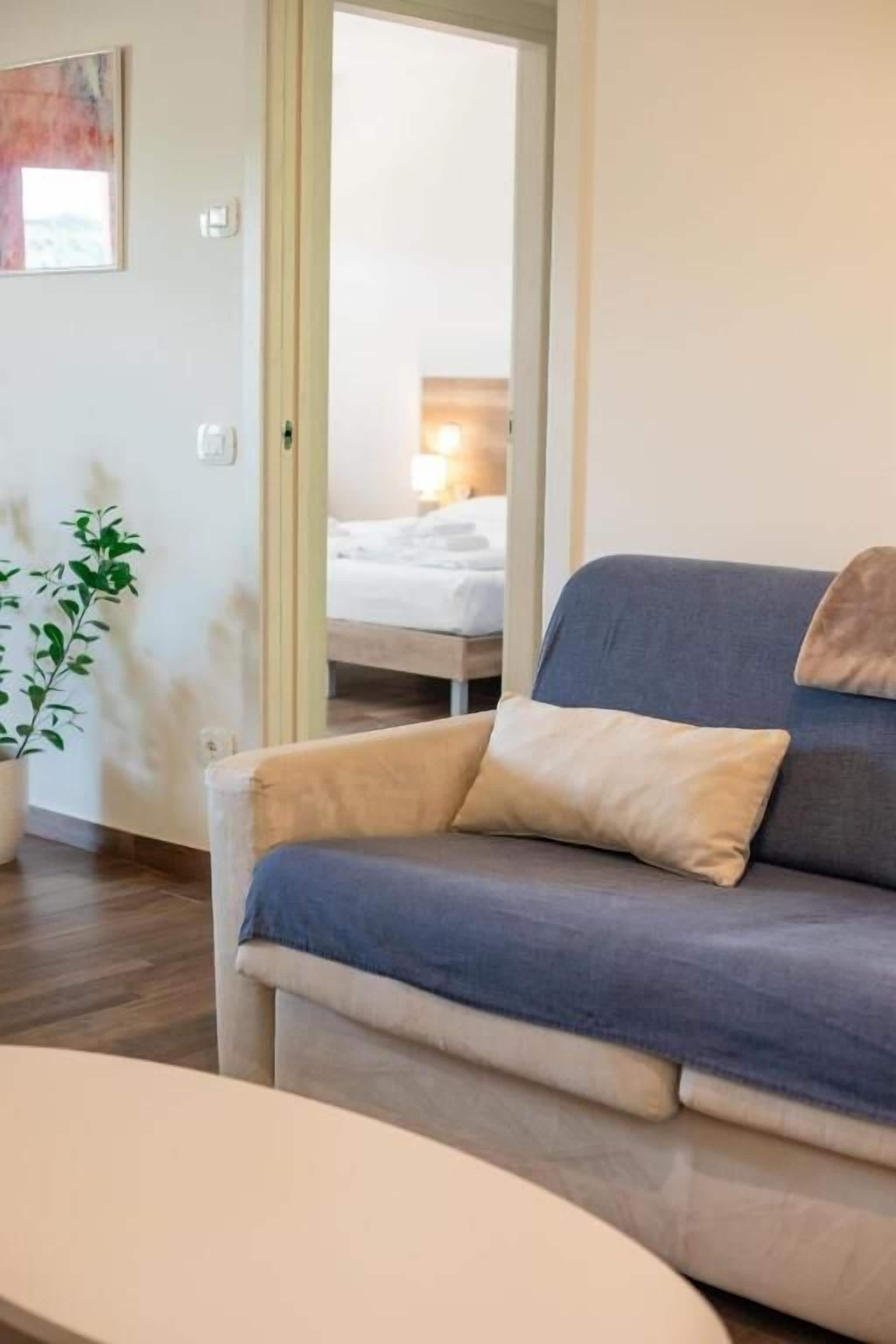 A room with a sofa, a potted plant, and a bed in the background.