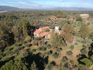 An aerial view of a rural property with a stone house and a tower, surrounded by dense vegetation and fields.