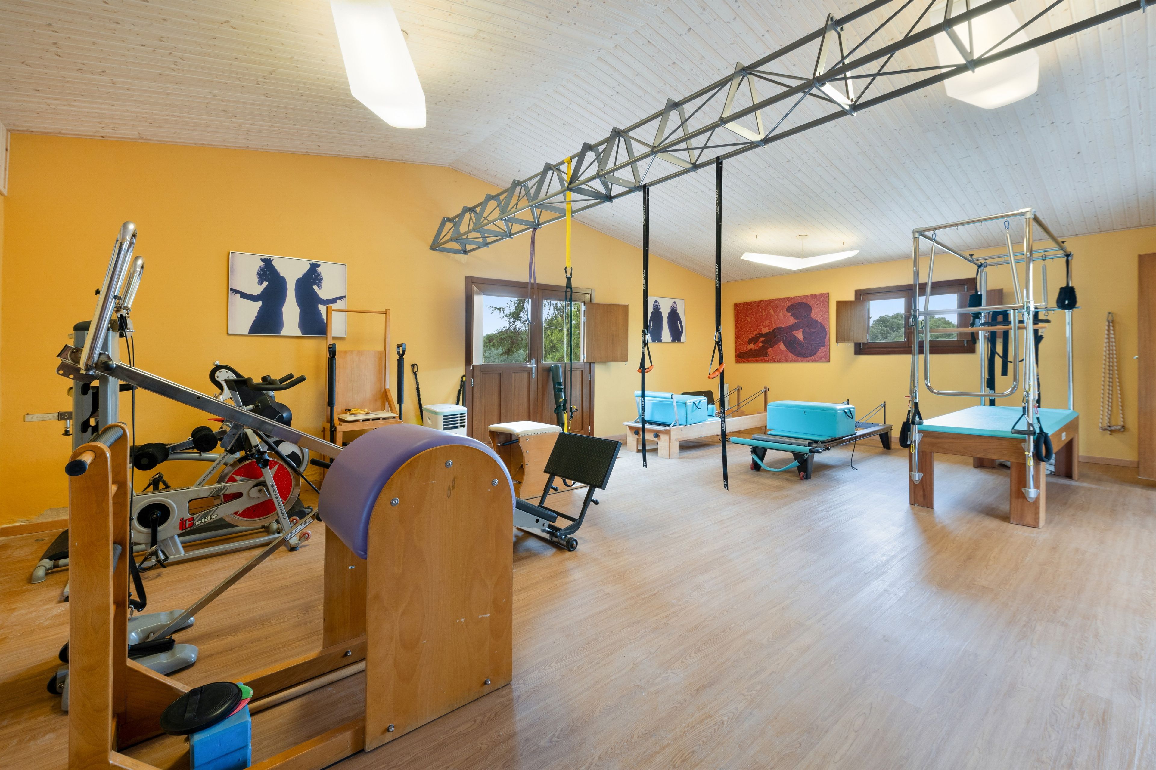 Ett gym med olika typer av träningsutrustning, trägolv och konstverk på väggarna.