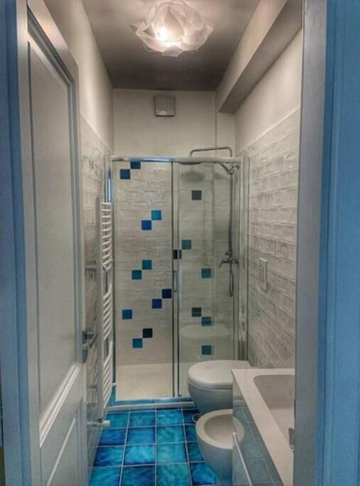 Shower, free toiletries, hair dryer, slippers