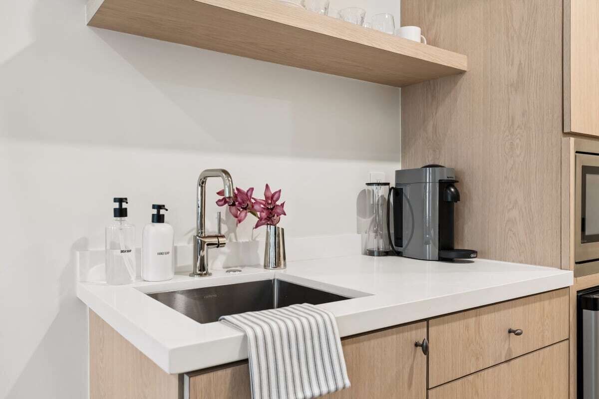 Fridge, microwave, coffee/tea maker, toaster
