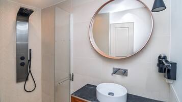 Shower, hair dryer, towels
