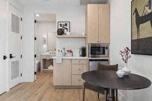 Fridge, microwave, coffee/tea maker, toaster