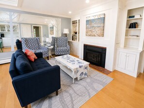 Fireplace, books