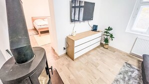 Moderni huone, jossa on takka, sänky, televisio ja ruukussa oleva kasvi.