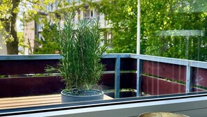 Ein Fenster mit einem Blumentopf und einer Tasse auf einem Tisch.