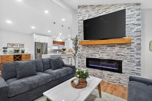 TV, fireplace, table football, ping pong