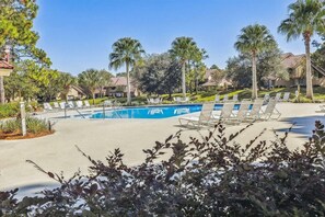 Ein Swimmingpool mit Liegestühlen, umgeben von Palmen und Häusern.