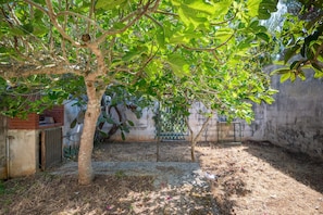 A tree-lined courtyard with a brick wall, a metal gate, and a concrete floor.