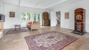 Una habitación amplia con un mueble de madera grande, un sofá y una alfombra estampada.