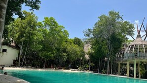 Ein Schwimmbecken mit klarem Wasser, umgeben von Bäumen und einer Struktur mit einem Strohdach.