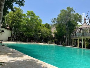 A swimming pool with clear water, surrounded by trees and a thatched-roof structure. - Ecohabitat - Mayan House (Puerto Morelos)