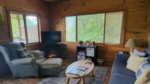 Interior acolhedor de uma cabana com lareira, dois sofás, uma mesa de centro e uma televisão.