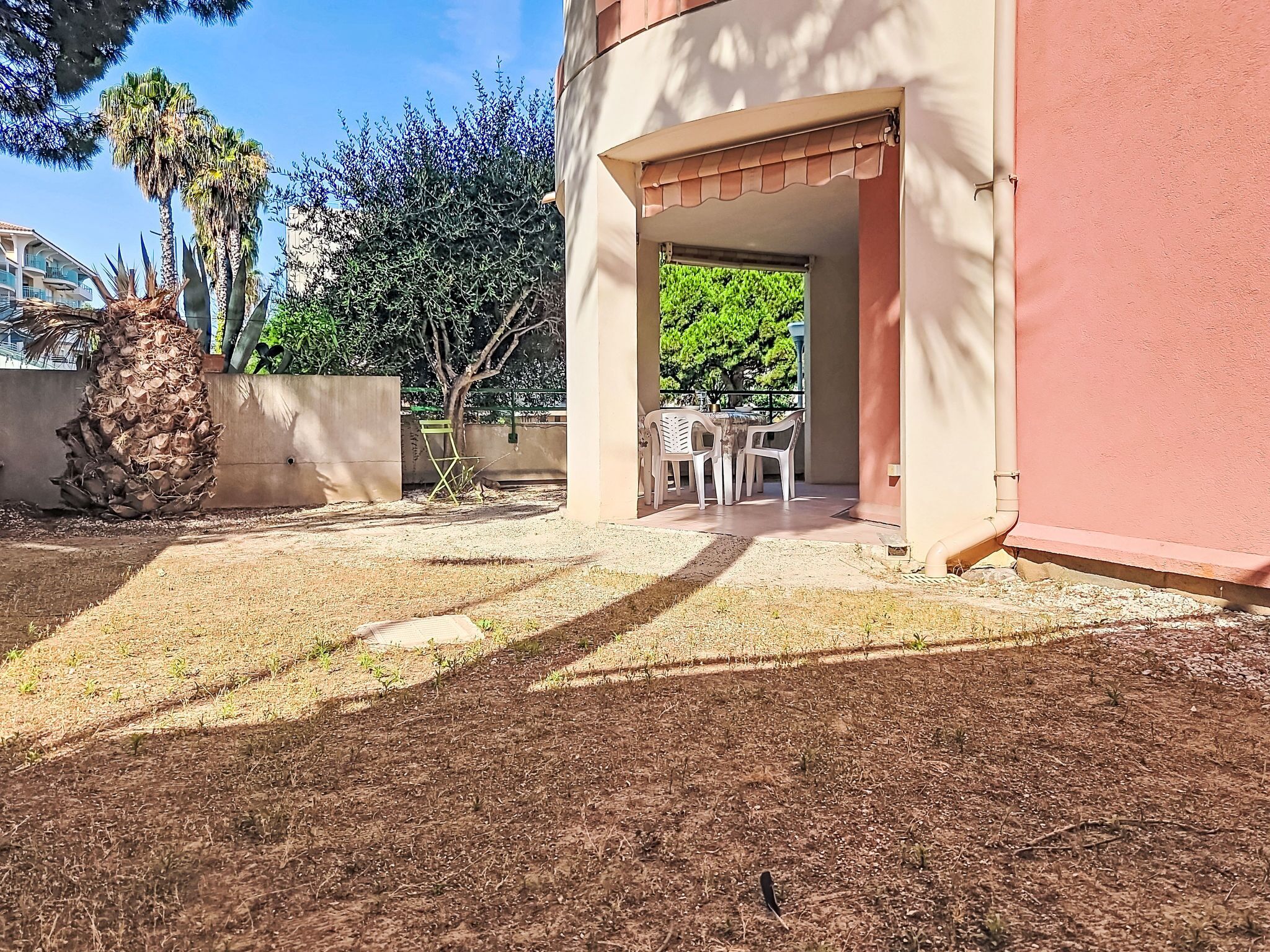 A patio area with a table and chairs, a concrete wall, and a palm tree.