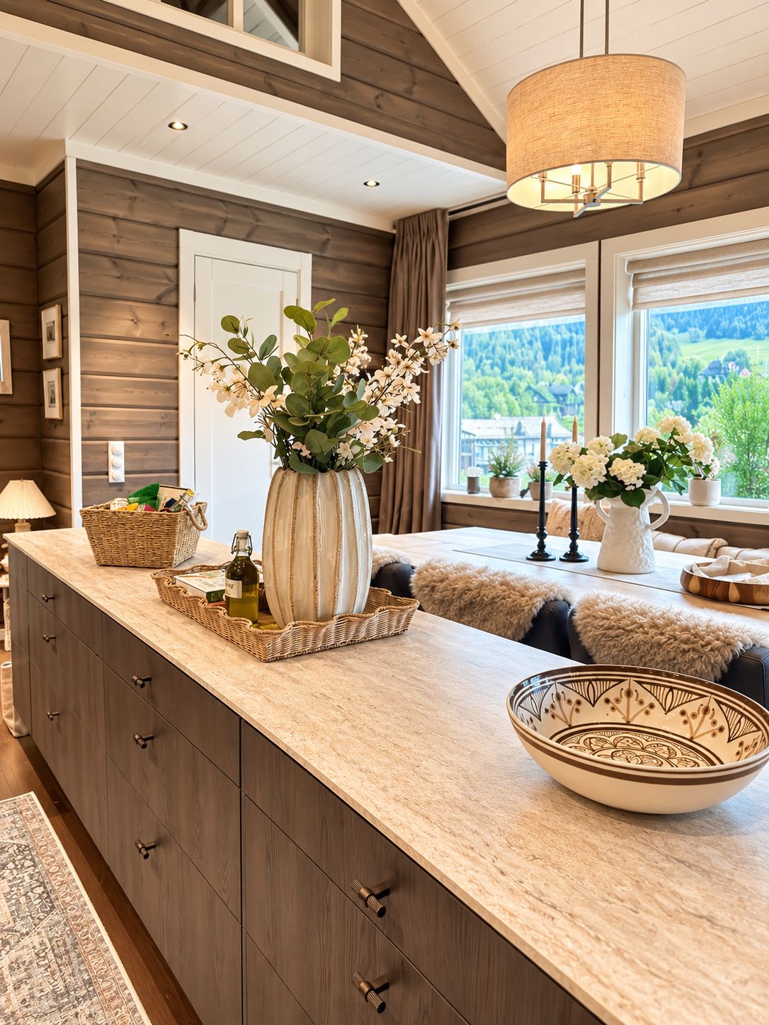 A kitchen with a large island, wooden cabinets, a hanging light fixture, and a view of the outdoors.