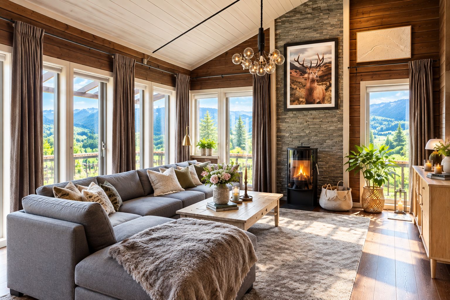 A cozy living room with a sofa, fireplace, and large windows offering a mountain view.