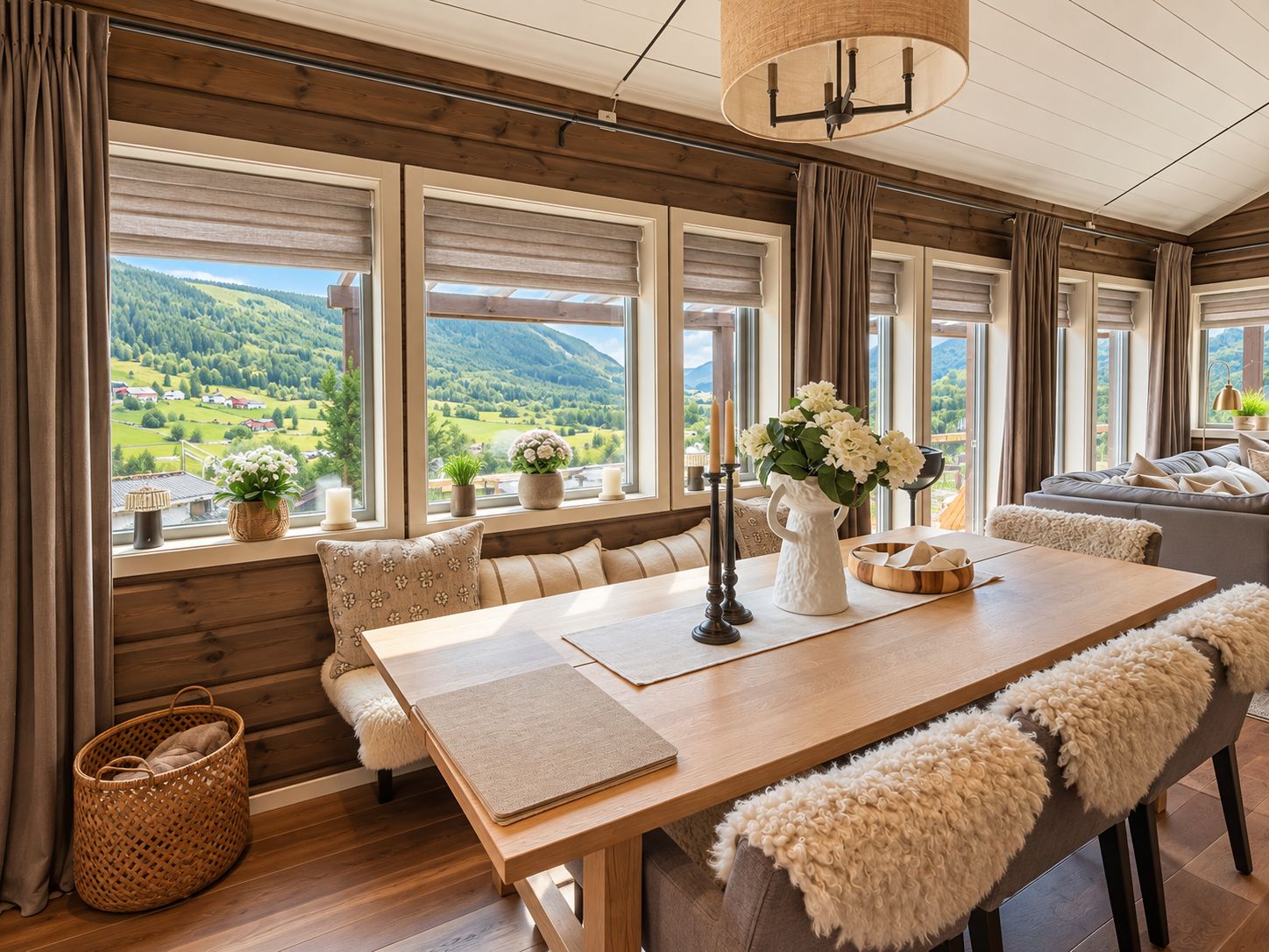 A cozy room with a wooden ceiling, large windows with curtains, a wooden table, a bench, and a view of green hills.