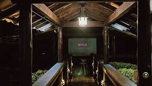 A wooden bridge leading to a room with a Netflix sign, wooden railings, and a ceiling with skylights.