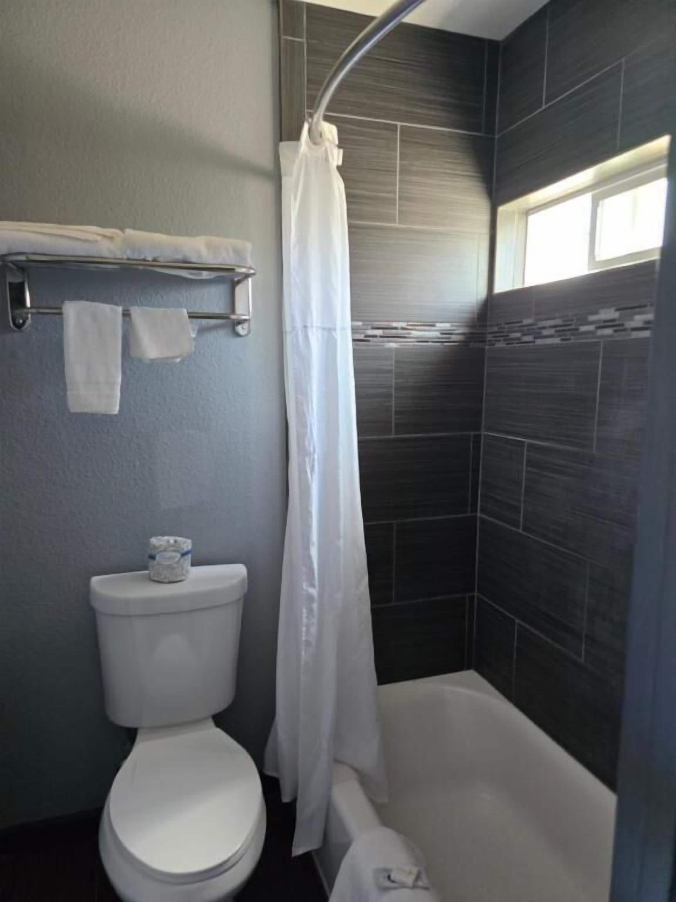 Un baño con inodoro, cortina de ducha y toallero.