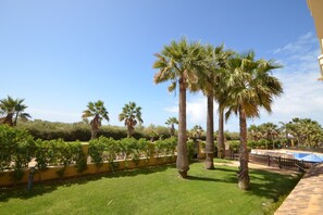 Ein gepflegter Garten mit Palmen und wolkenlosem, blauem Himmel.