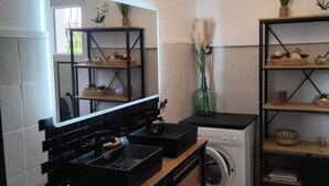 A modern kitchen with black cabinetry, a built-in dishwasher, and a mirror above the countertop. - Sea and Mountains, comfortable country house full of charm 6 minutes from the sea (Ventiseri)