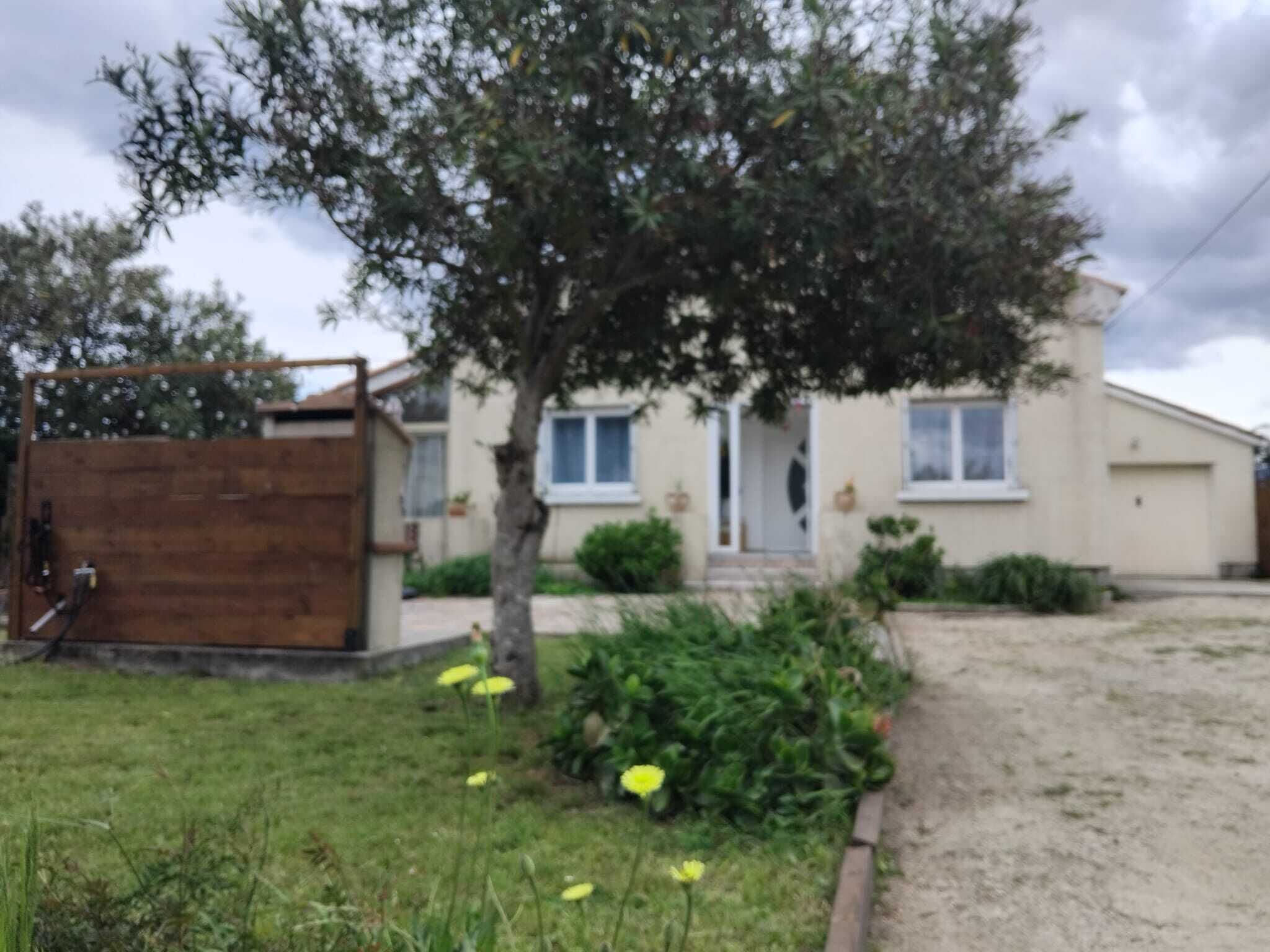 A residential building with a front yard, a wooden fence, and a tree.