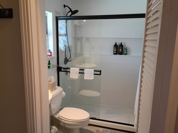 Shower, hair dryer, towels, soap