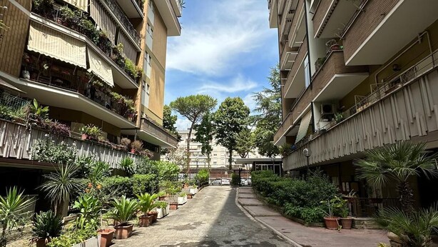 Un vicolo stretto affiancato da edifici a più piani con balconi e piante in vaso, sotto un cielo sereno.