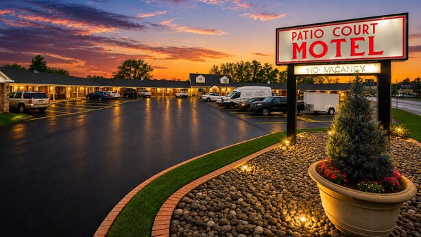 Un motel con un cartel que dice 'Patio Court Motel' y 'No hay habitaciones disponibles'.